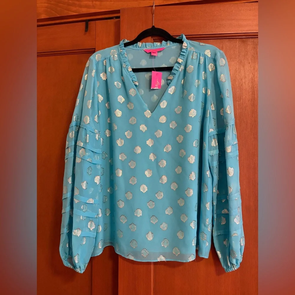 NWT! GIANA SILK TOP IN BERMUDA BLUE SEAGRASS METALLIC CLIP CHIFFON L - Picture 1 of 5